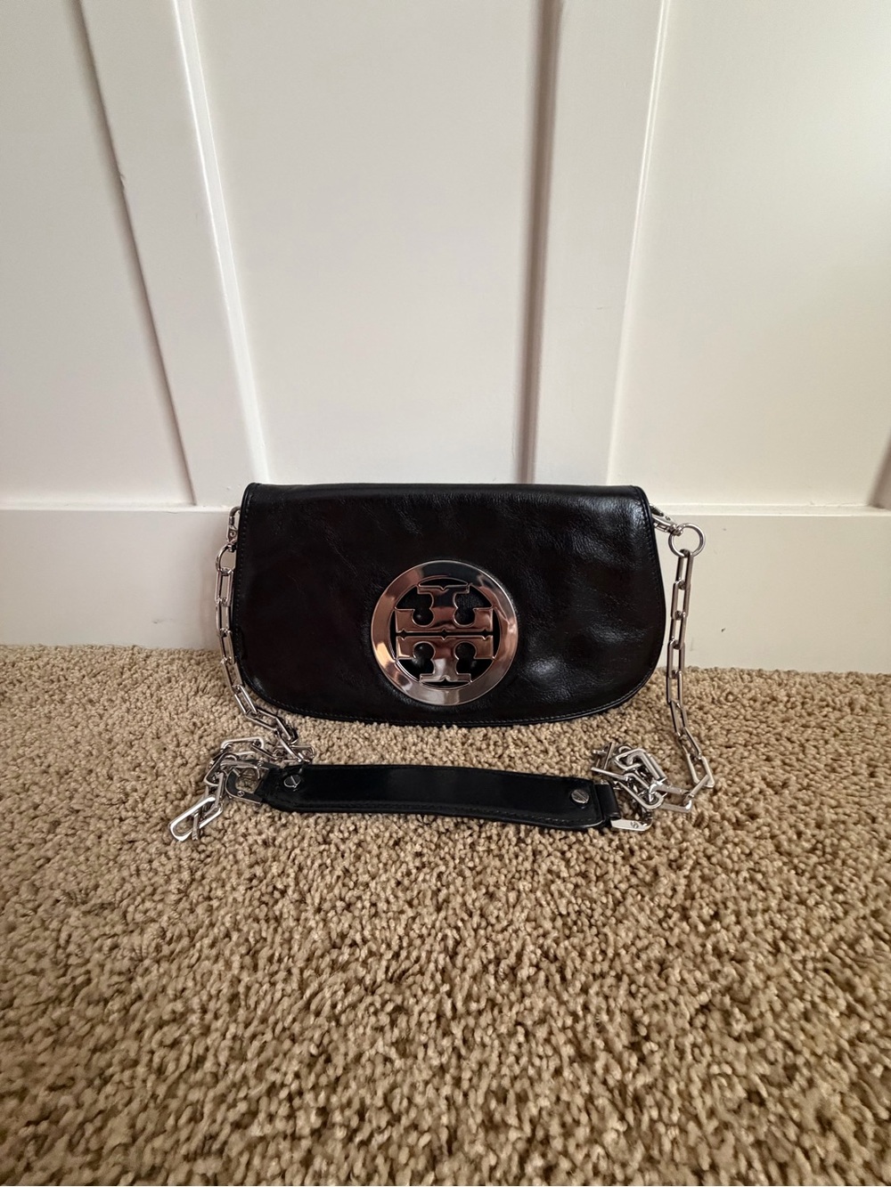 Tory Burch Black Leather Flap Shoulder Bag w/ Silver Chain Hardware